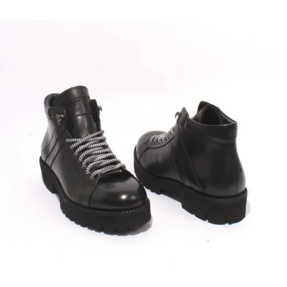 Roberto Serpentini 59500 Black Leather Fleece Lace-Up Ankle Boots
